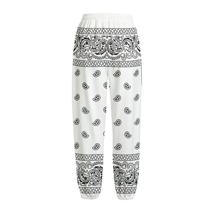 White And Black Paisley Bandana Print Fleece Lined Knit Pants