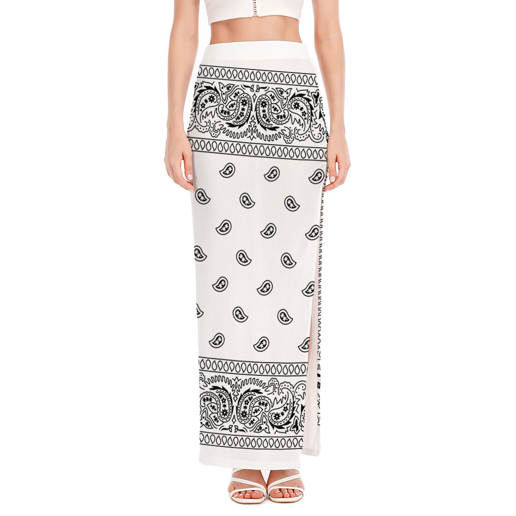 White And Black Paisley Bandana Print High Slit Maxi Skirt