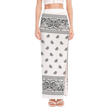 White And Black Paisley Bandana Print High Slit Maxi Skirt