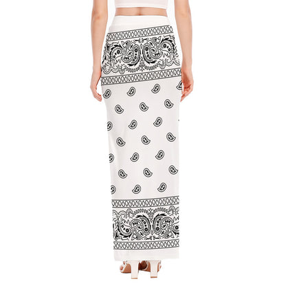 White And Black Paisley Bandana Print High Slit Maxi Skirt