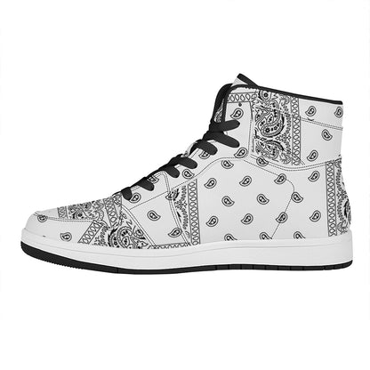 White And Black Paisley Bandana Print High Top Leather Sneakers
