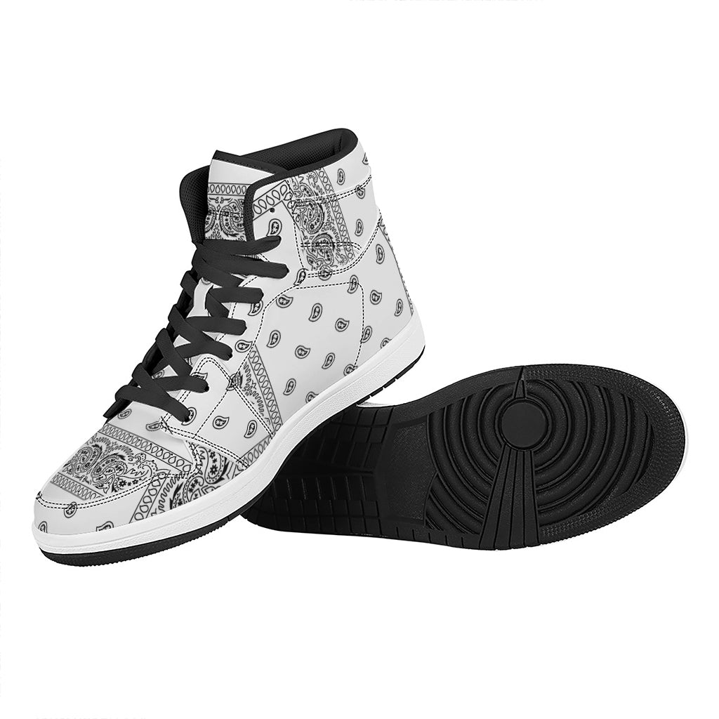 White And Black Paisley Bandana Print High Top Leather Sneakers