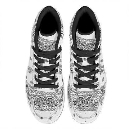 White And Black Paisley Bandana Print High Top Leather Sneakers
