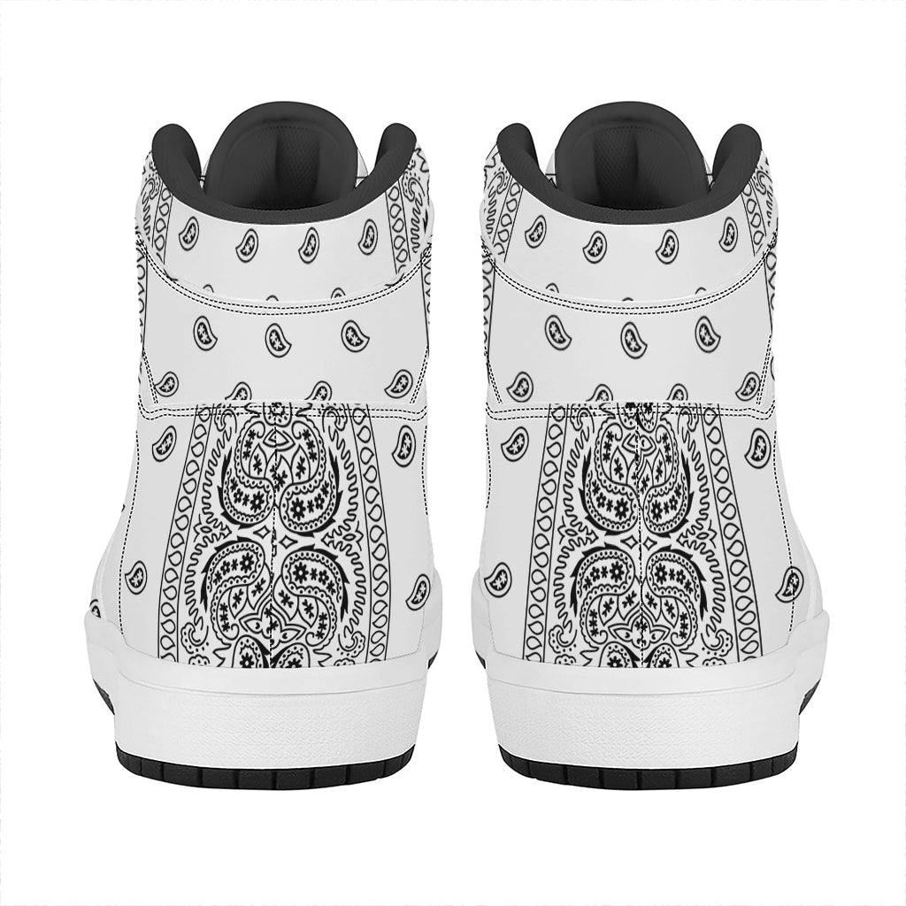 White And Black Paisley Bandana Print High Top Leather Sneakers