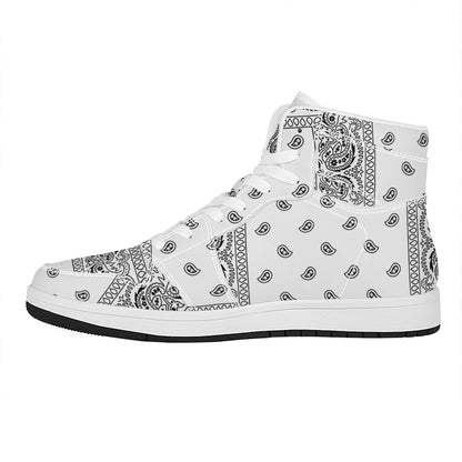 White And Black Paisley Bandana Print High Top Leather Sneakers