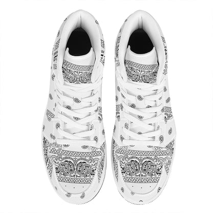 White And Black Paisley Bandana Print High Top Leather Sneakers
