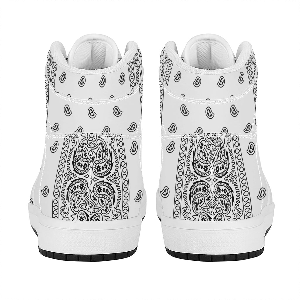 White And Black Paisley Bandana Print High Top Leather Sneakers