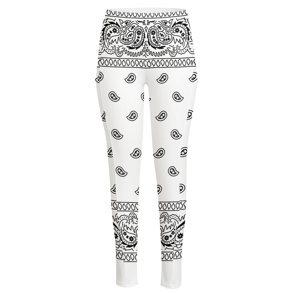 White And Black Paisley Bandana Print High-Waisted Pocket Leggings