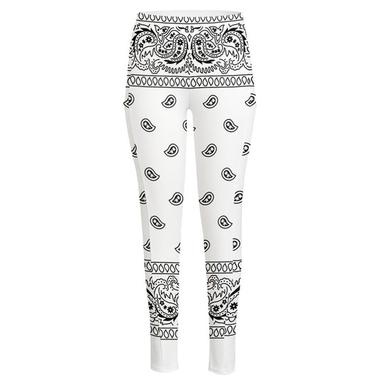 White And Black Paisley Bandana Print High-Waisted Pocket Leggings