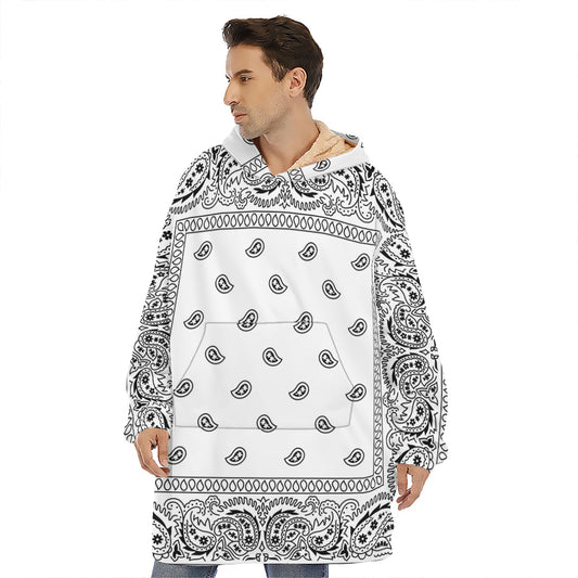 White And Black Paisley Bandana Print Hoodie Blanket