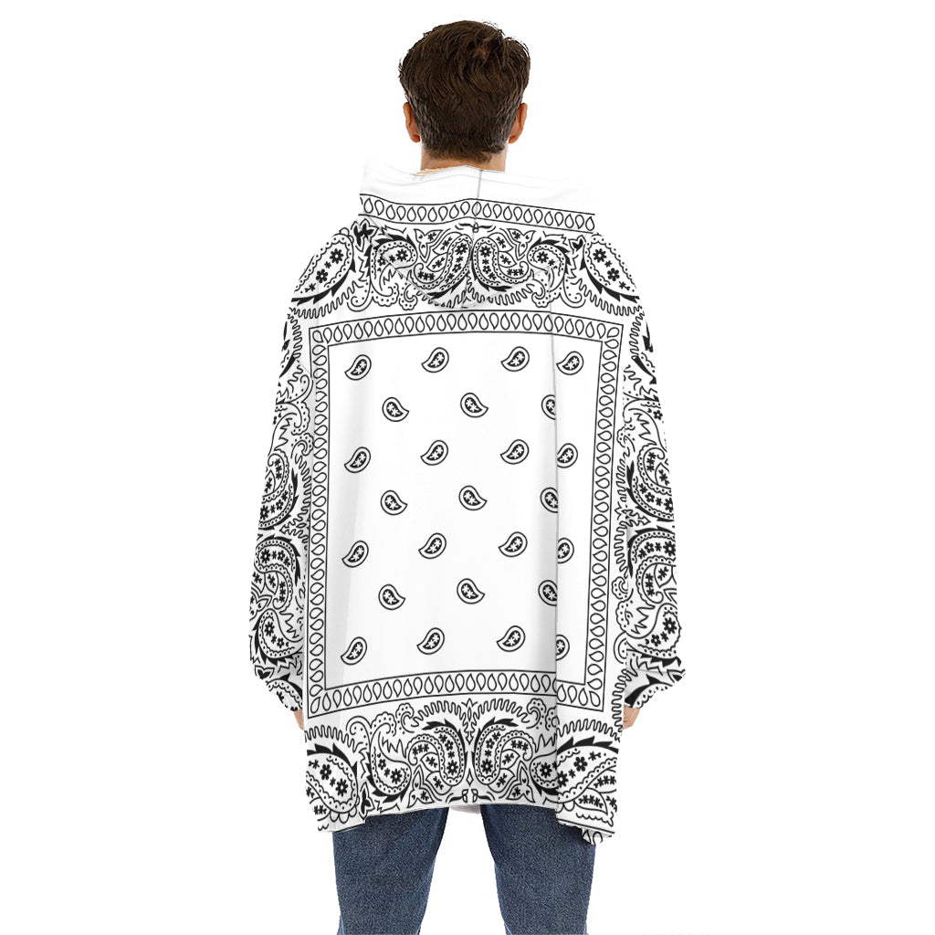 White And Black Paisley Bandana Print Hoodie Blanket