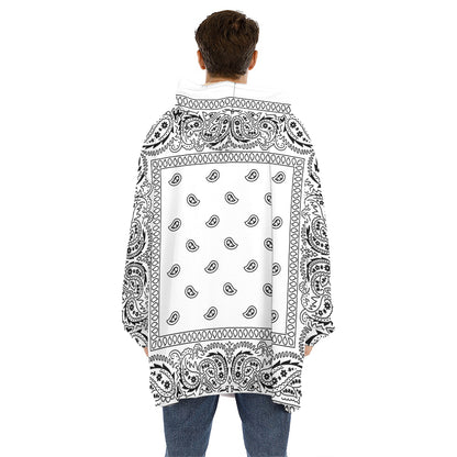 White And Black Paisley Bandana Print Hoodie Blanket