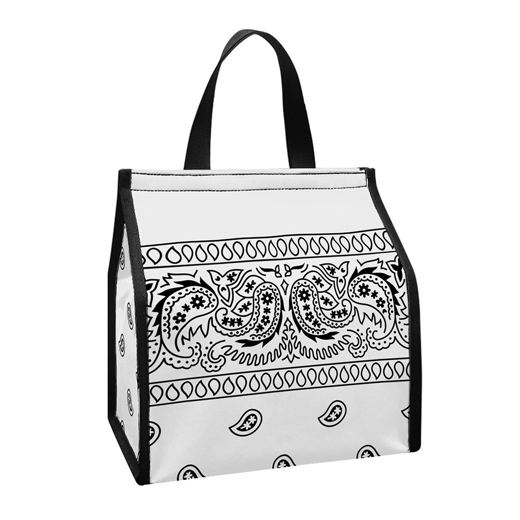 White And Black Paisley Bandana Print Insulated Lunch Tote