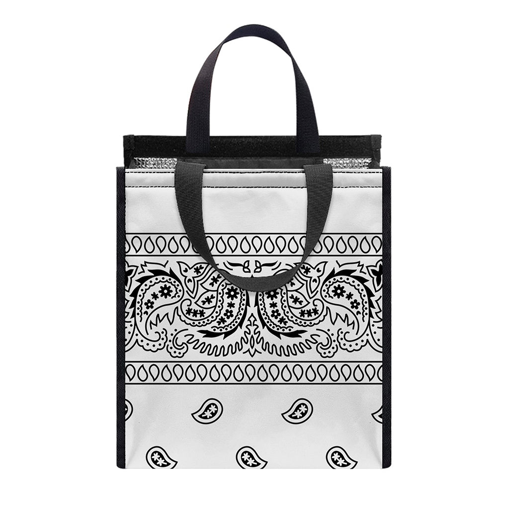 White And Black Paisley Bandana Print Insulated Lunch Tote