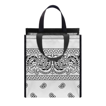 White And Black Paisley Bandana Print Insulated Lunch Tote