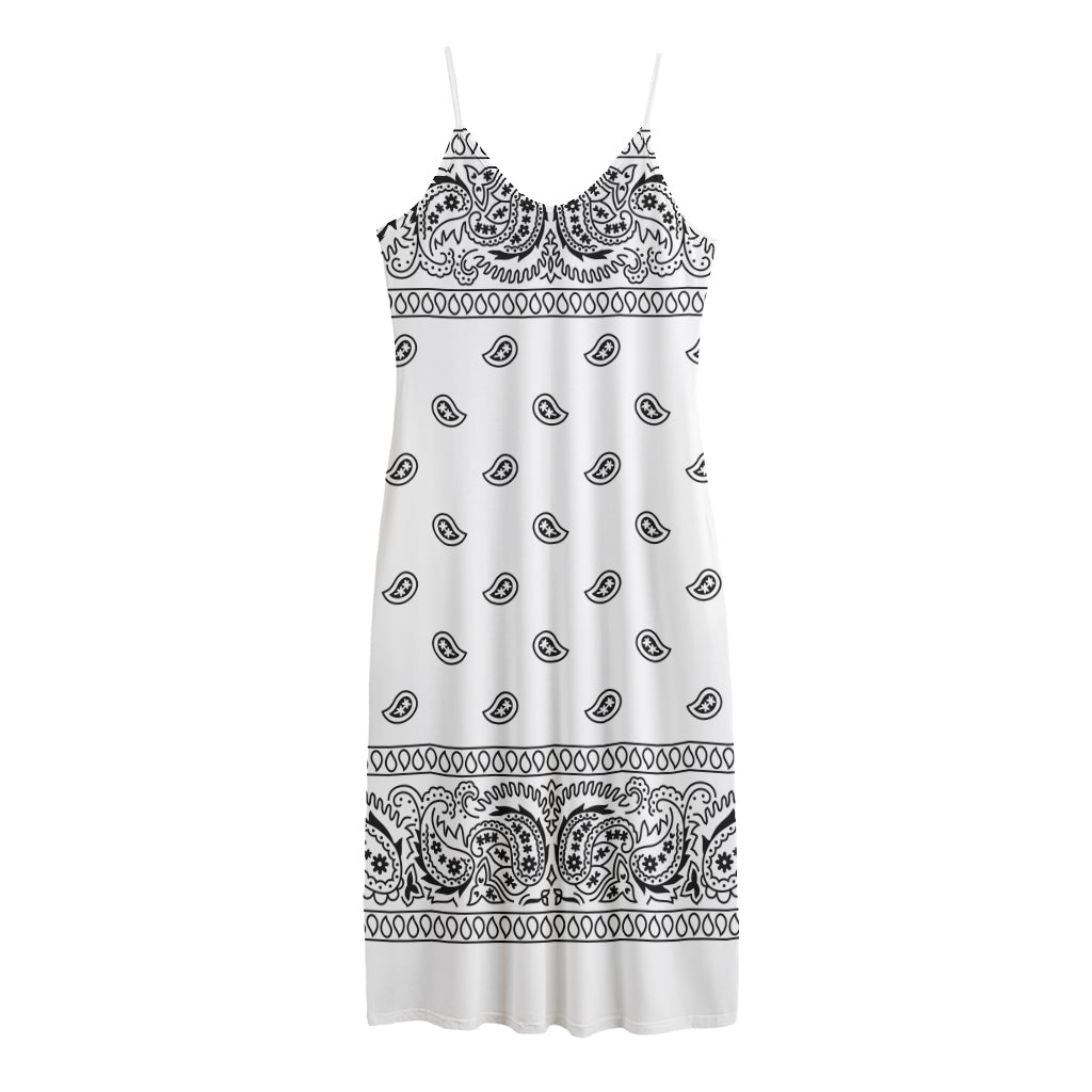 White And Black Paisley Bandana Print Jersey Midi Cami Dress