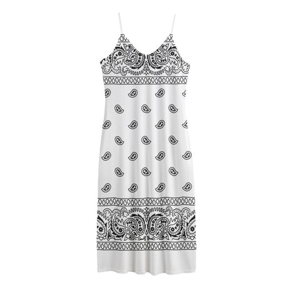 White And Black Paisley Bandana Print Jersey Midi Cami Dress