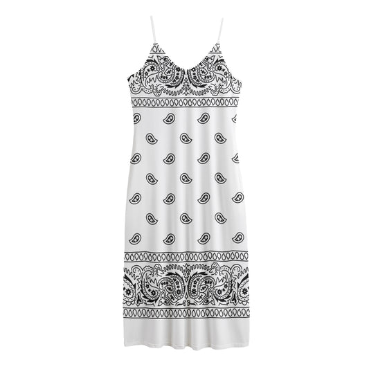 White And Black Paisley Bandana Print Jersey Midi Cami Dress
