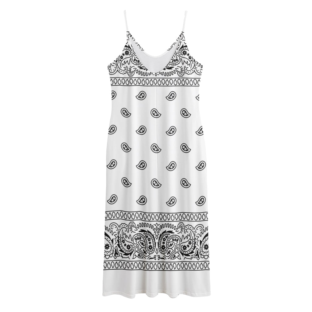 White And Black Paisley Bandana Print Jersey Midi Cami Dress