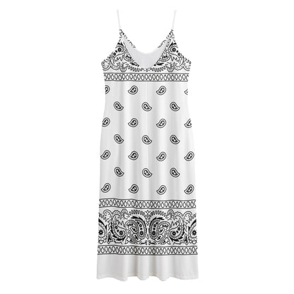 White And Black Paisley Bandana Print Jersey Midi Cami Dress