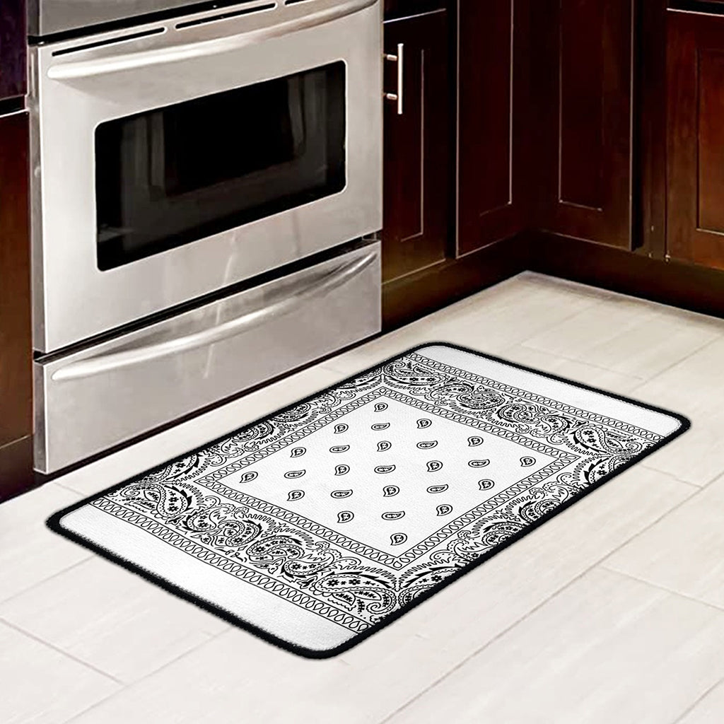 White And Black Paisley Bandana Print Kitchen Mat