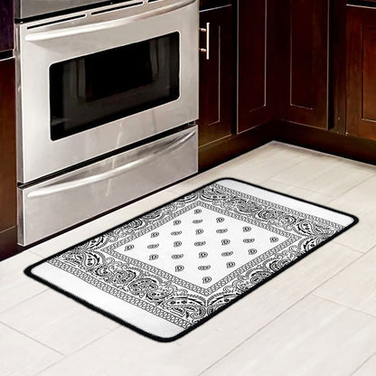 White And Black Paisley Bandana Print Kitchen Mat
