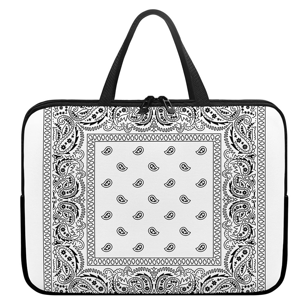 White And Black Paisley Bandana Print Laptop Sleeve With Handle