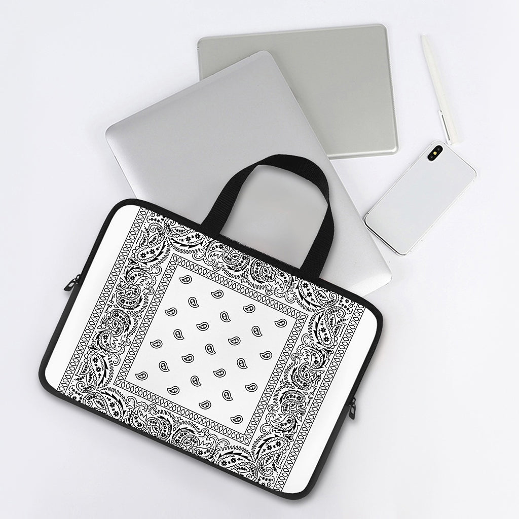 White And Black Paisley Bandana Print Laptop Sleeve With Handle
