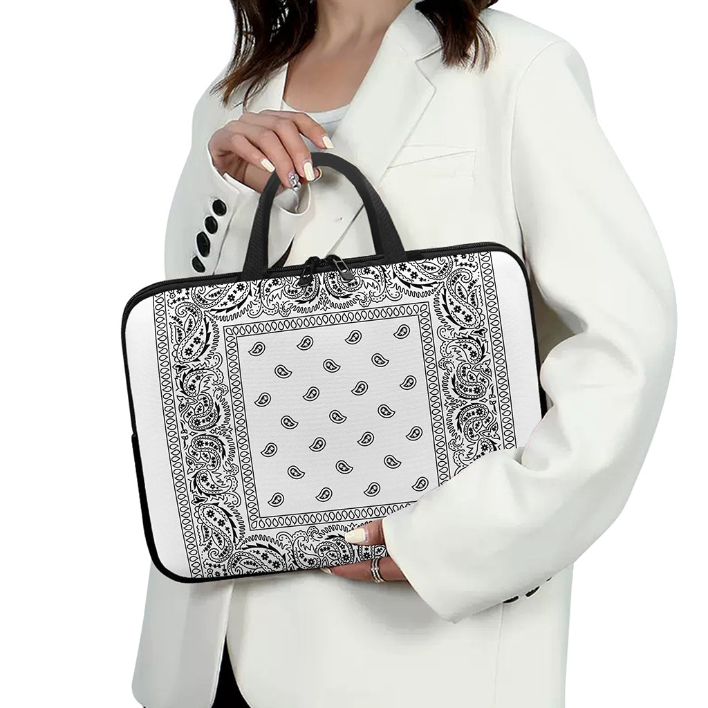 White And Black Paisley Bandana Print Laptop Sleeve With Handle