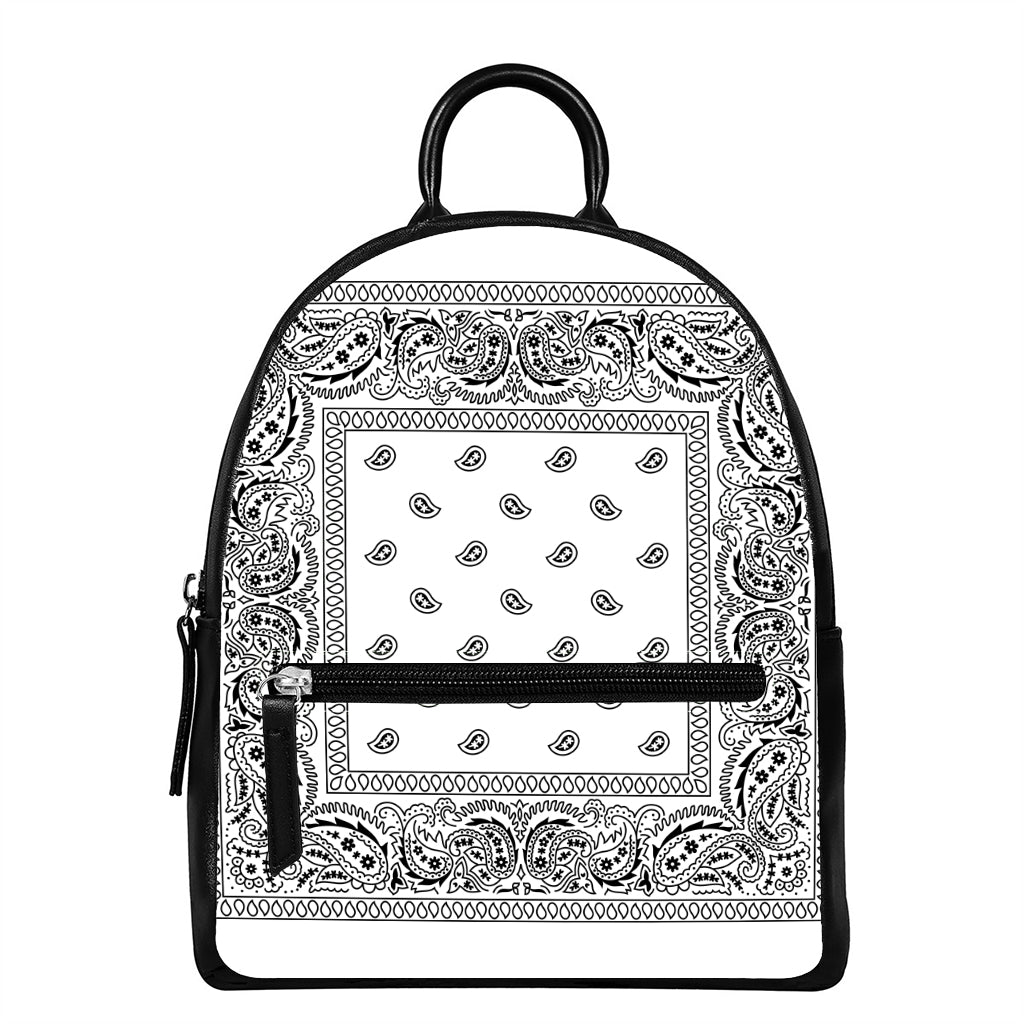 White And Black Paisley Bandana Print Leather Backpack