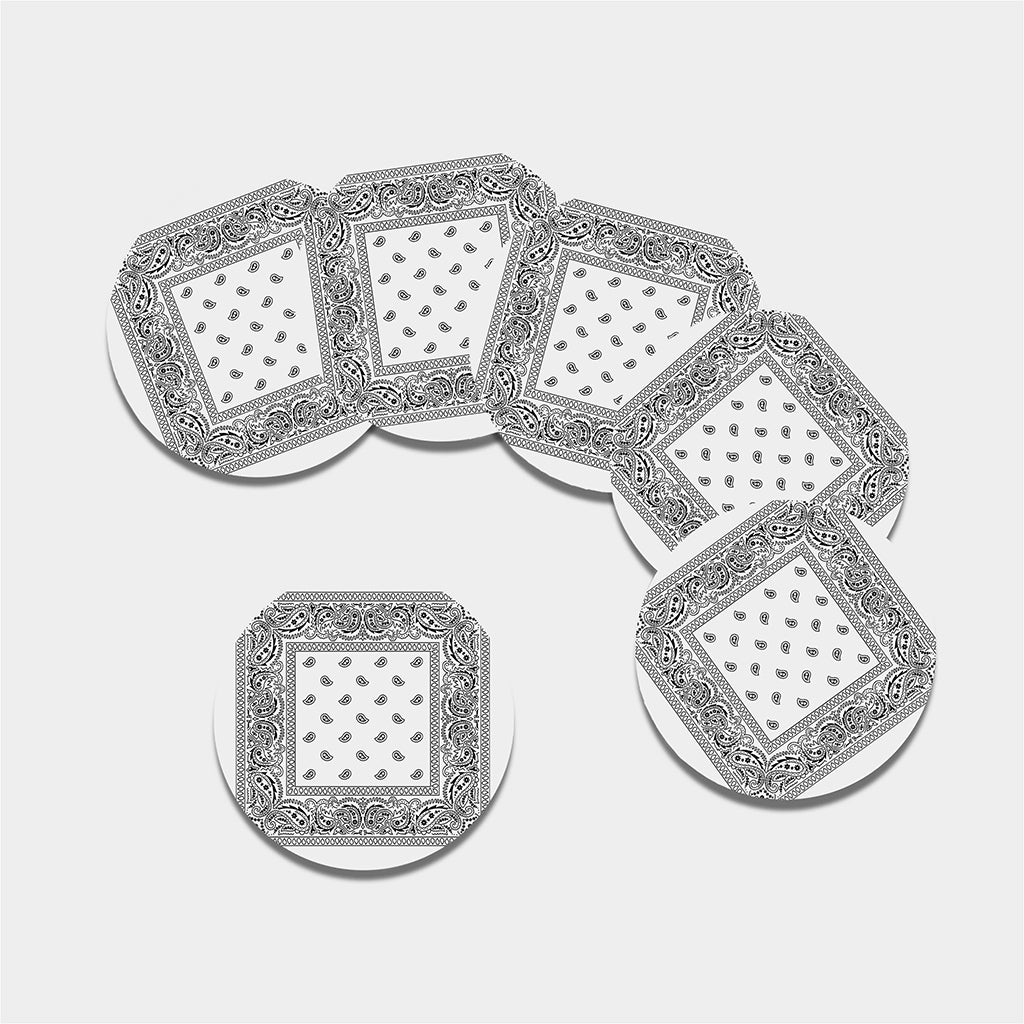 White And Black Paisley Bandana Print Leather Coaster Set