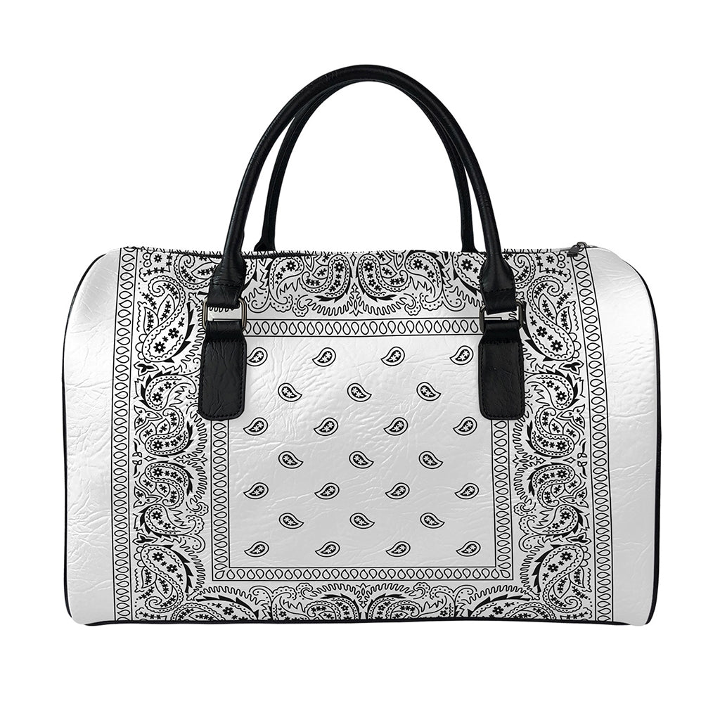White And Black Paisley Bandana Print Leather Duffle Bag
