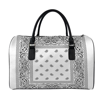 White And Black Paisley Bandana Print Leather Duffle Bag