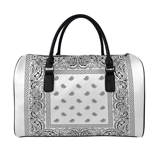 White And Black Paisley Bandana Print Leather Duffle Bag