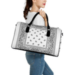 White And Black Paisley Bandana Print Leather Duffle Bag
