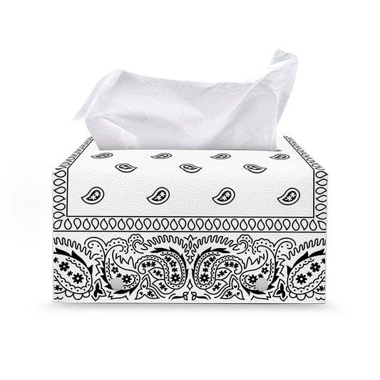White And Black Paisley Bandana Print Leather Tissue Box Cover
