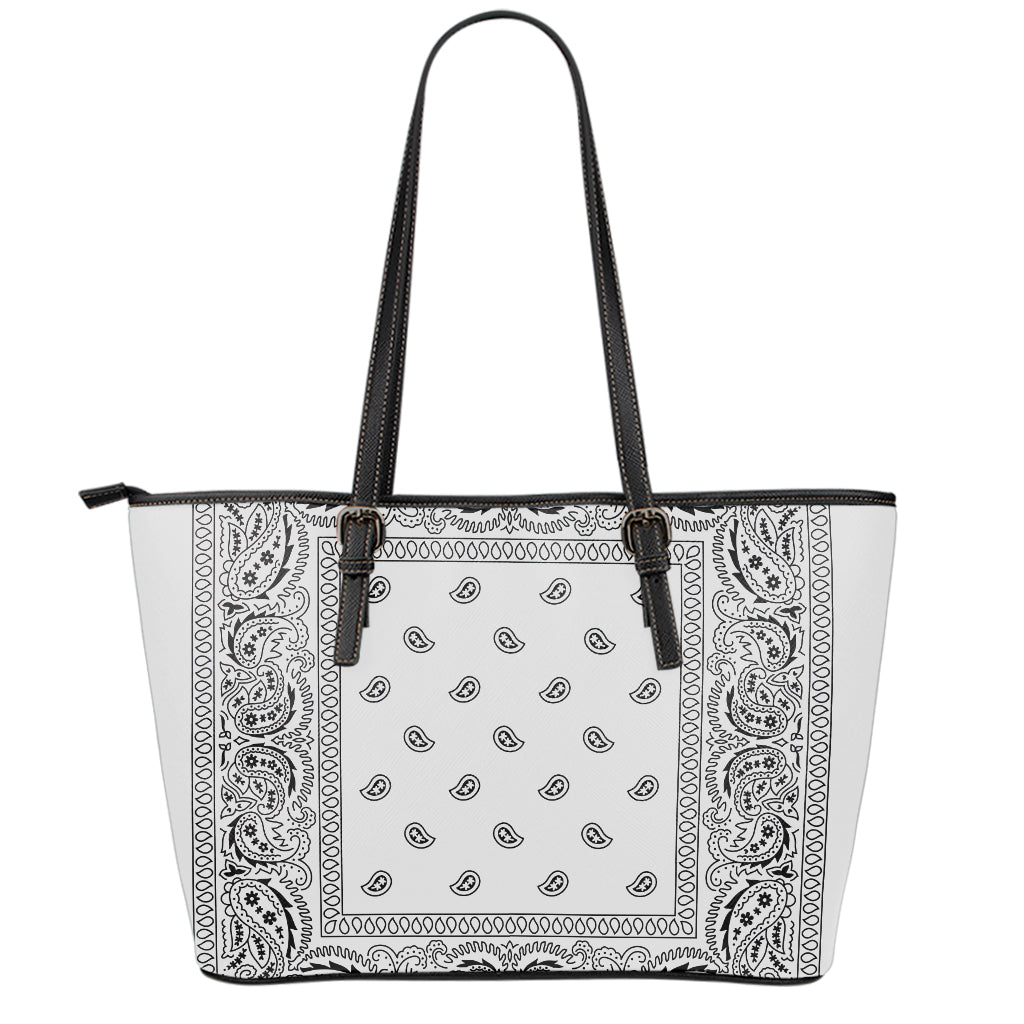 White And Black Paisley Bandana Print Leather Tote Bag