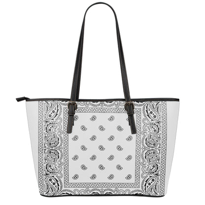 White And Black Paisley Bandana Print Leather Tote Bag