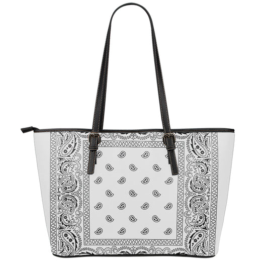 White And Black Paisley Bandana Print Leather Tote Bag