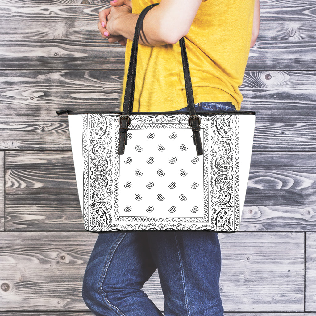 White And Black Paisley Bandana Print Leather Tote Bag
