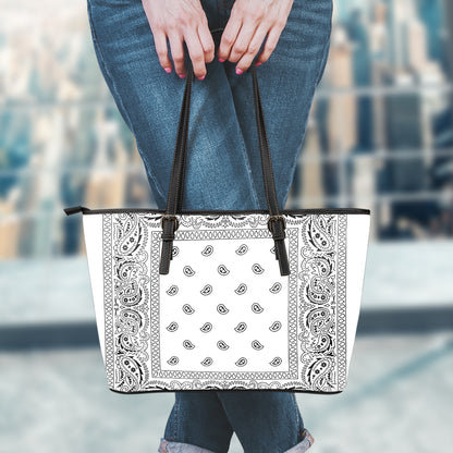 White And Black Paisley Bandana Print Leather Tote Bag