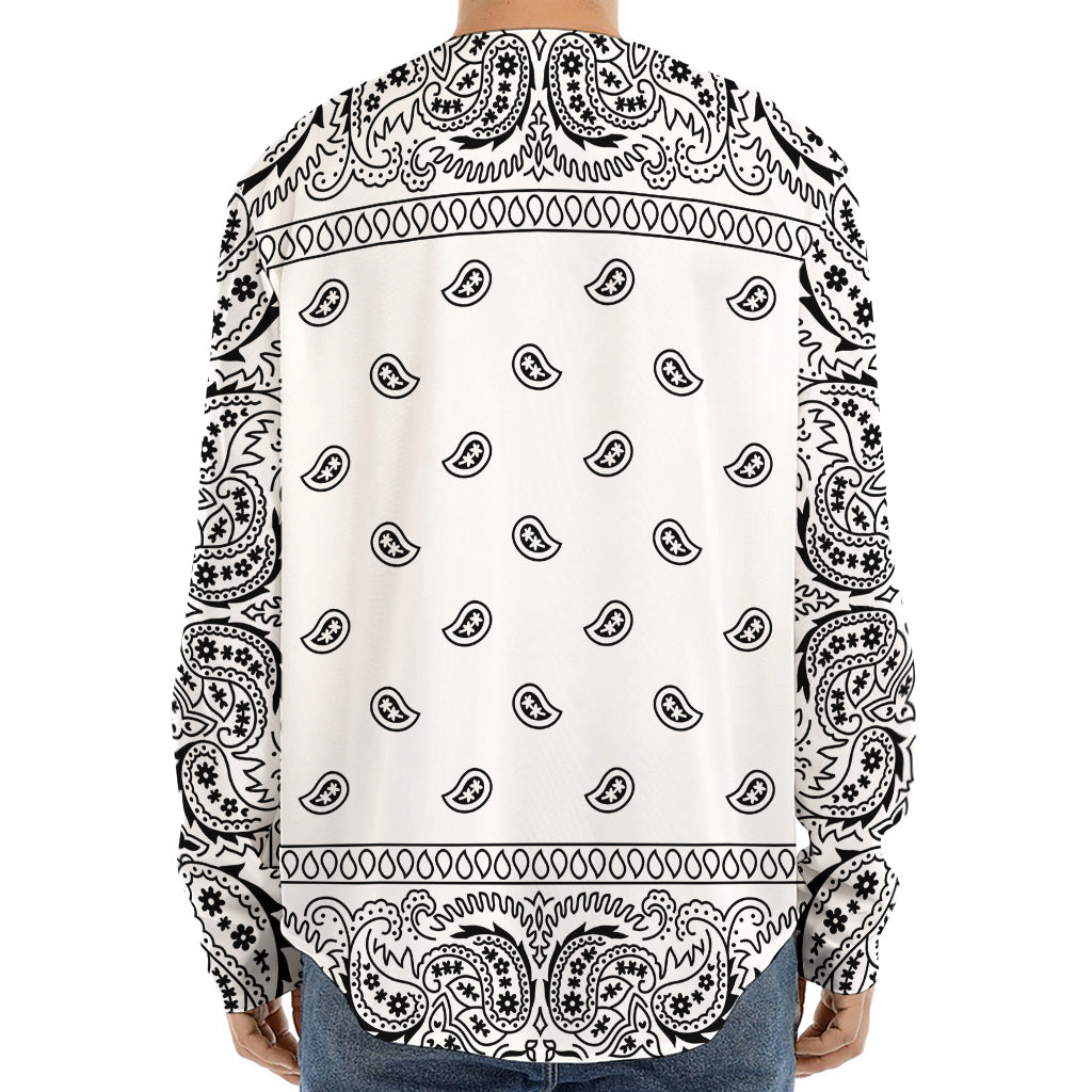 White And Black Paisley Bandana Print Long Sleeve Baseball Jersey