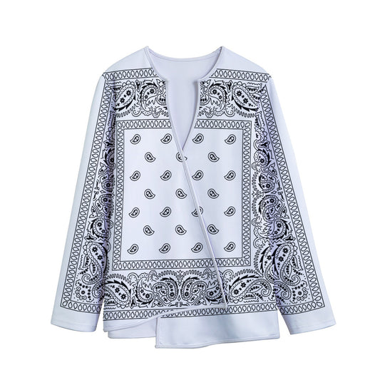 White And Black Paisley Bandana Print Long Sleeve Short Coat