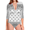White And Black Paisley Bandana Print Long Sleeve Swimsuit