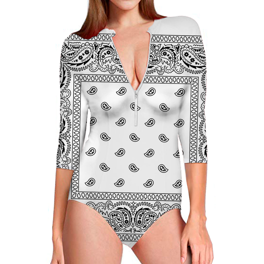 White And Black Paisley Bandana Print Long Sleeve Swimsuit