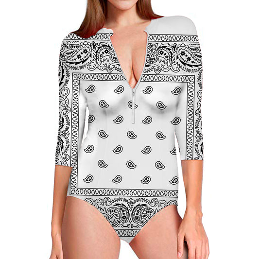 White And Black Paisley Bandana Print Long Sleeve Swimsuit