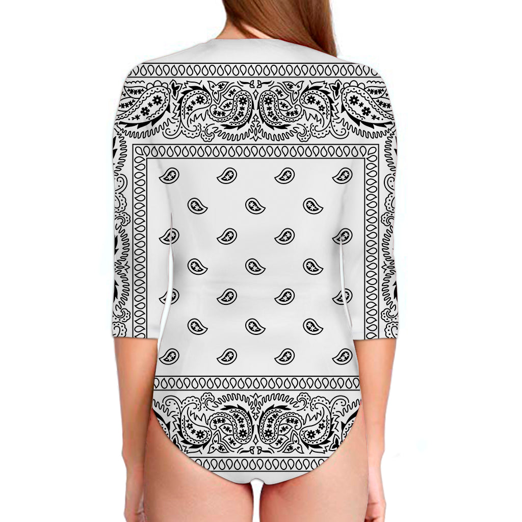 White And Black Paisley Bandana Print Long Sleeve Swimsuit