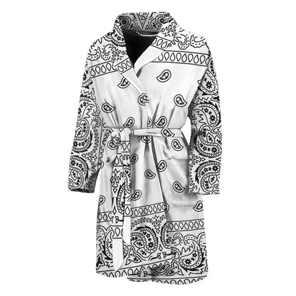 White And Black Paisley Bandana Print Men's Bathrobe