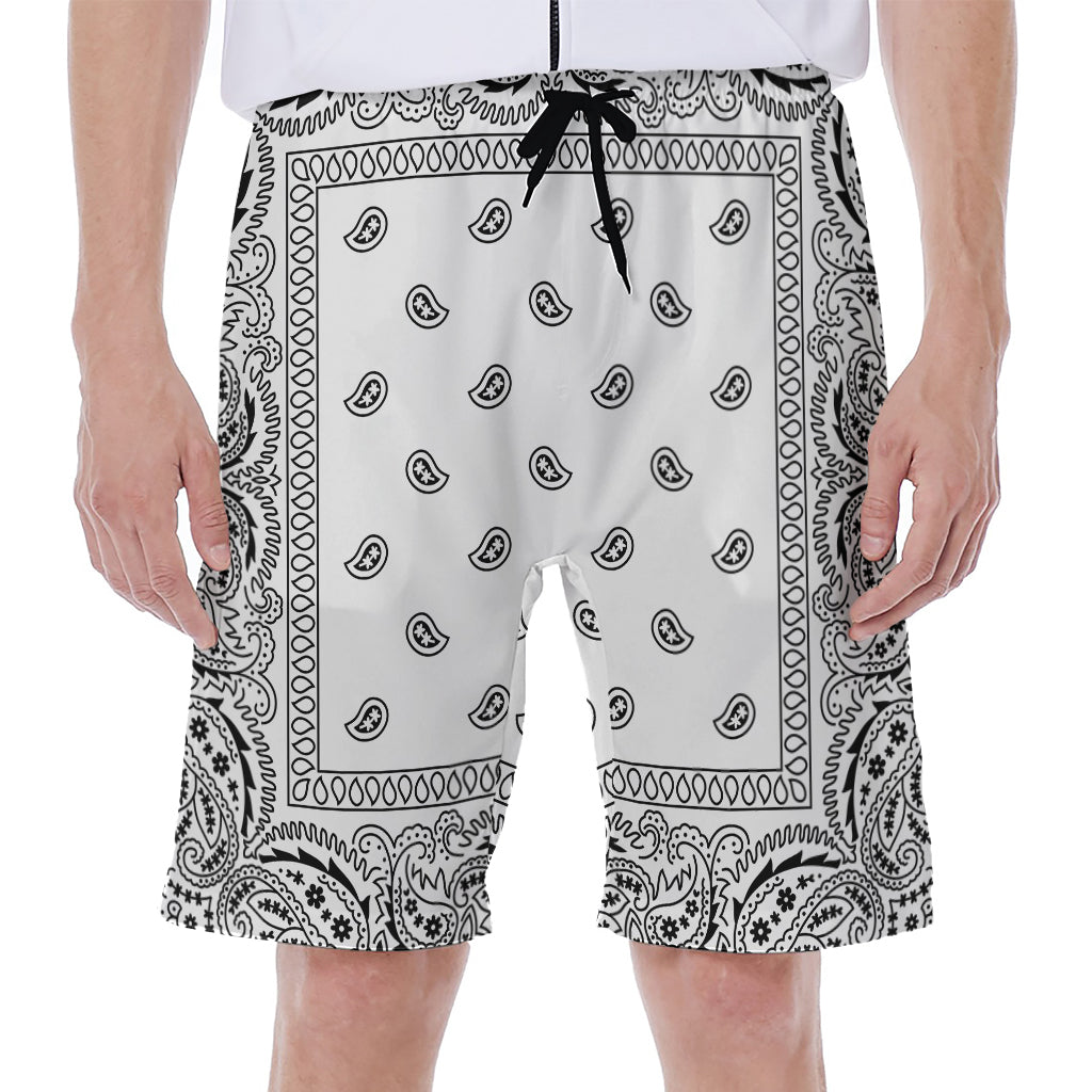 White And Black Paisley Bandana Print Men's Beach Shorts