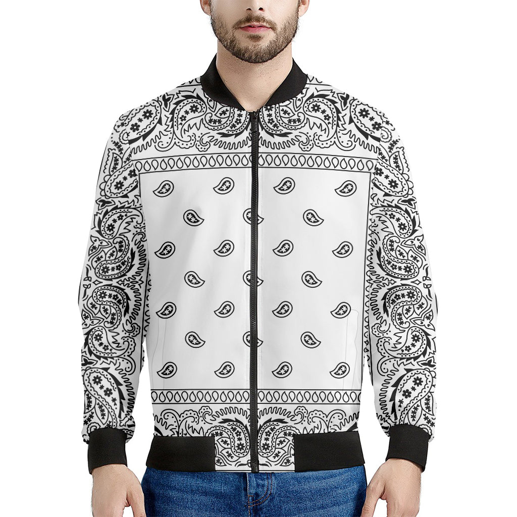 White And Black Paisley Bandana Print Men's Bomber Jacket
